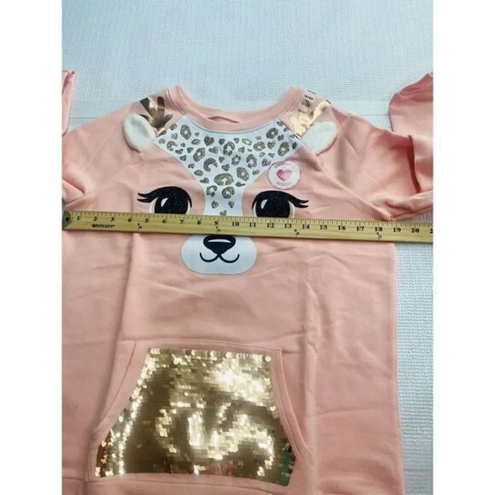 Justice Girls 18/20 Pink Glitter‎ Reindeer Sequin Pocket Fleece Sweater